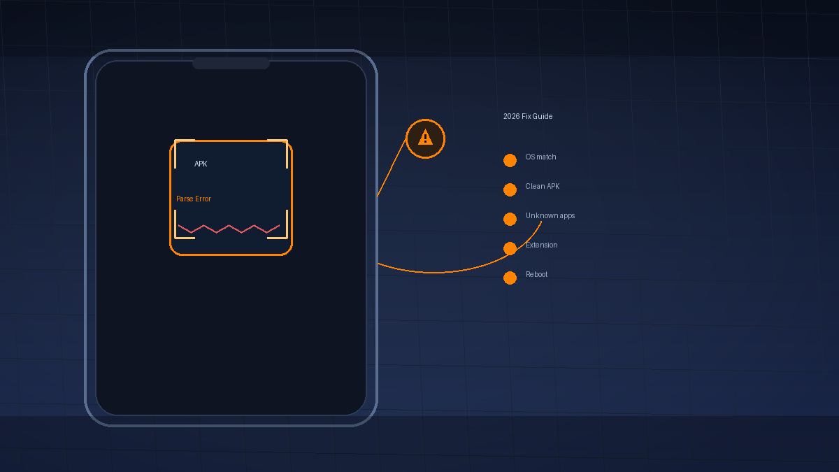 Android phone with APK parse error card, warning badge, orange accents, and 2026 fix checklist—APK parsing error troubleshooting hero